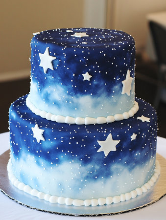 Space theme cake. Cake decorated with constellations and planets with stars.の写真素材