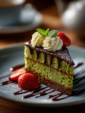 Green matcha pistachio cake, Dubai chocolate style. AI Generative.の写真素材