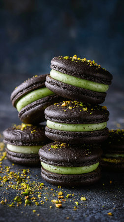 Oreo Cookies with pistachio Cream Sandwich on black background. AI Generative.の写真素材