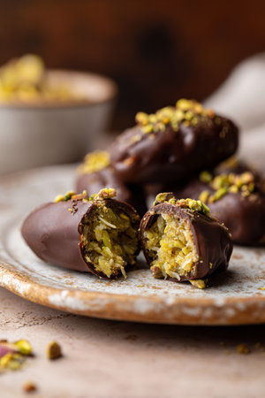 Dates filled with crunchy pistachio cream and covered in chocolate, Dubai chocolate dates. AI Generative.の写真素材