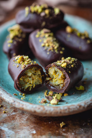 Dates filled with crunchy pistachio cream and covered in chocolate, Dubai chocolate dates. AI Generative.の写真素材