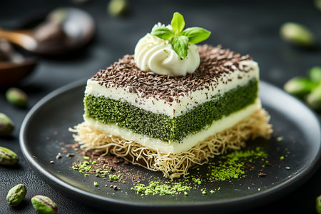 Dubai Chocolate Crumbled Pastry Revealing Pistachio Filling and Sponge Cake Layers. AI Generative.の写真素材