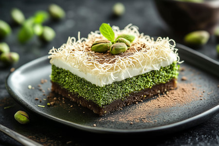 Dubai Chocolate Crumbled Pastry Revealing Pistachio Filling and Sponge Cake Layers. AI Generative.の写真素材