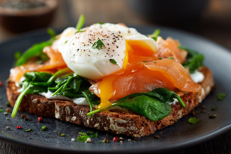 Delicious sandwiches with spinach, poached egg, salmon, tomatoes and arugula on gray table, closeup. AI Generative.の写真素材