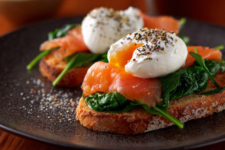 Delicious sandwiches with spinach, poached egg, salmon, tomatoes and arugula on gray table, closeup. AI Generative.の写真素材