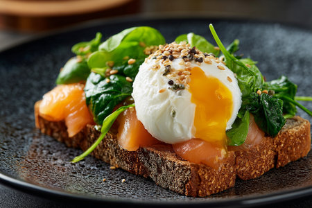 Delicious sandwiches with spinach, poached egg, salmon, tomatoes and arugula on gray table, closeup. AI Generative.の写真素材