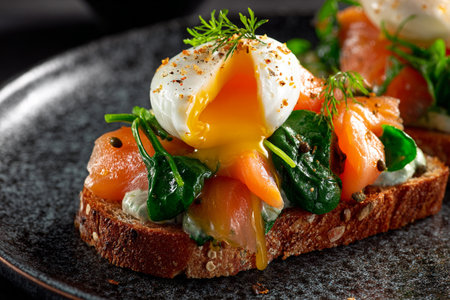 Delicious sandwiches with spinach, poached egg, salmon, tomatoes and arugula on gray table, closeup. AI Generative.の写真素材