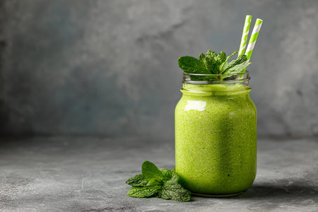 Healthy green smoothie with spinach in a jar mug, selective focus. AI Generative.の写真素材