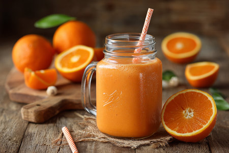 Orange smoothie and orange fruits with green leaves isolated on dark background. AI Generative.の写真素材