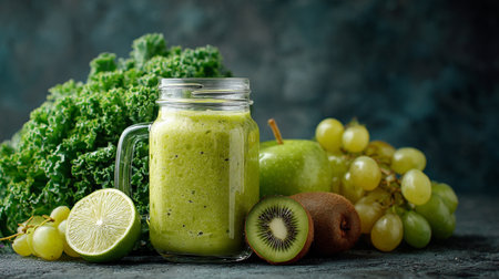 Fresh spinach and fruit green smoothie with ingredients on dark background. AI Generative.の写真素材