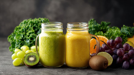 Fresh spinach and fruit green smoothie with ingredients on dark background. AI Generative.の写真素材