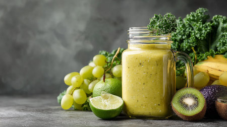 Freshly blended fruit smoothies of various tastes in glass jars with differents fruits. Yellow and green. AI Generative.の写真素材