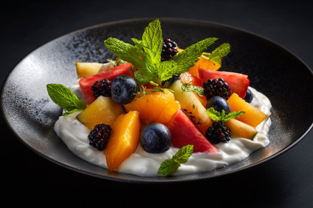 Fruity summer salad in black plate with yogurt. AI Generative.の写真素材