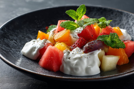 Fruity summer salad in black plate with yogurt. AI Generative.の写真素材