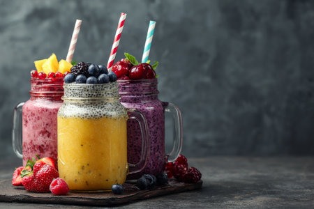 Set Fresh Range Color Juices Smoothie Yellow Red Violet from Tropical Fruits Kiwi Mango Strawberry Grapes Dragon Jar Rainbow Dark Background. AI Generative.の写真素材