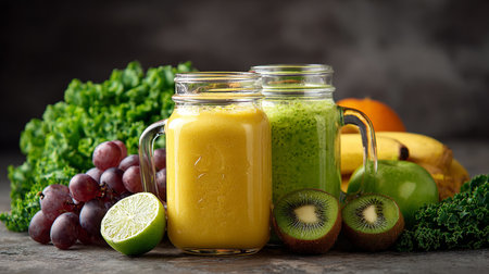 Freshly blended fruit smoothies of various tastes in glass jars with differents fruits. Yellow and green. AI Generative.の写真素材