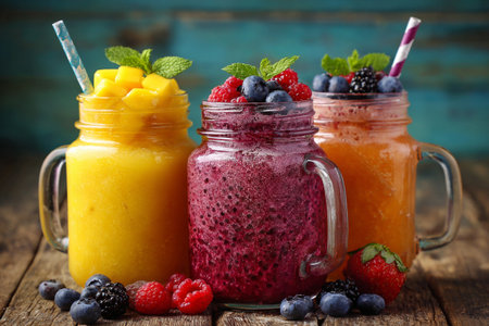 Set Fresh Range Color Juices Smoothie Yellow Red Violet from Tropical Fruits Kiwi Mango Strawberry Grapes Dragon Jar Rainbow Dark Background. AI Generative.の写真素材