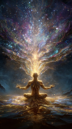 Man achievements in Self-knowledge, mind, meditation. spiritual practices. spiritual development. Night sky and silhouette of a standing man. Night time landscape. AI Generative.の写真素材