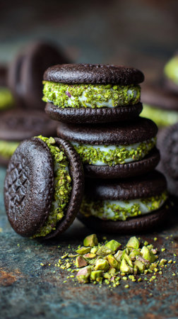 Oreo Cookies with pistachio Cream Sandwich on black background. AI Generative.の写真素材