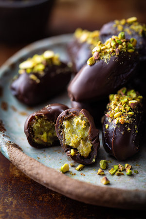Dates filled with crunchy pistachio cream and covered in chocolate, Dubai chocolate dates. AI Generative.の写真素材