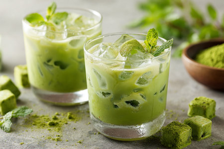 Ready for drink with iced matcha latte green tea. Generative AI.の写真素材