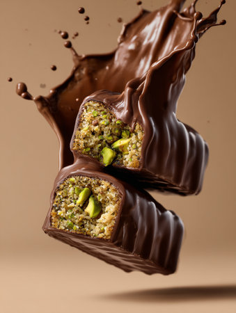 Dubai Chocolate Pistachio Bars with Kataifi Dough. Broken in half with rich, glossy melted chocolate coating and a golden crispy texture underneath, luxury food advertising style. AI Generative.の写真素材