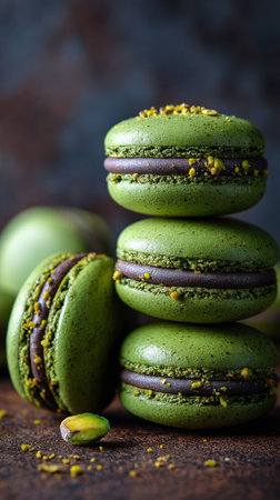 Baked pistachio flavored french macarons sitting on wooden table surrounded by fresh pistachio. AI Generative.の写真素材