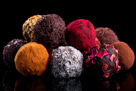 Luxury handmade decorative chocolate bonbon in a display of assorted pralines. AI Generative.の写真素材