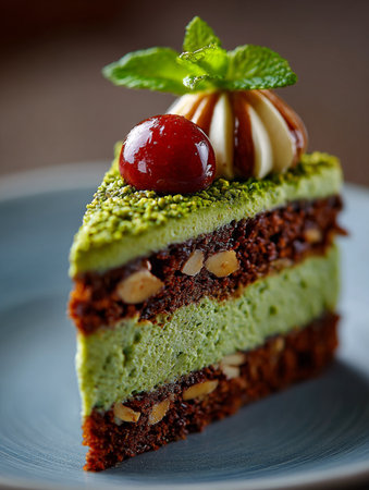 Dark Chocolate cake with cream and pistachio, dubai chocolate style.の写真素材