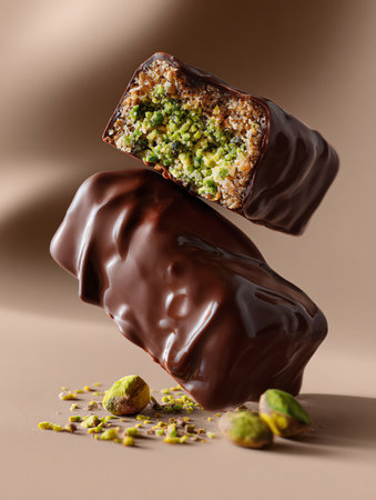 Dubai Chocolate Pistachio Bars with Kataifi Dough. Broken in half with rich, glossy melted chocolate coating and a golden crispy texture underneath, luxury food advertising style. AI Generative.の写真素材