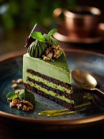 Dark Chocolate cake with cream and pistachio, dubai chocolate style.