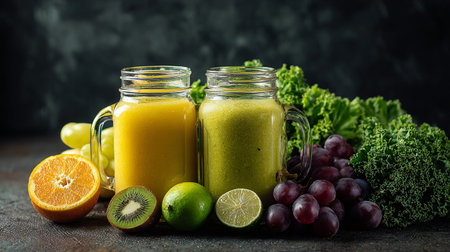 Freshly blended fruit smoothies of various tastes in glass jars with different fruits. Yellow and green. AI Generative.の写真素材