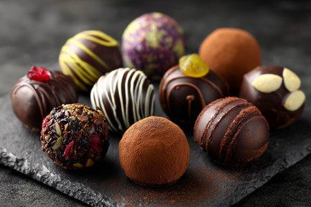 Luxury handmade decorative chocolate bonbon in a display of assorted pralines. AI Generative.の写真素材