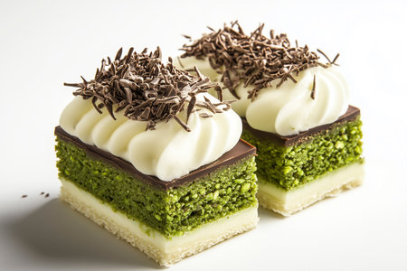 Dubai Chocolate Crumbled Pastry Revealing Pistachio Filling and Sponge Cake Layers. AI Generative.の写真素材