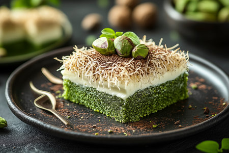 Dubai Chocolate Crumbled Pastry Revealing Pistachio Filling and Sponge Cake Layers. AI Generative.の写真素材