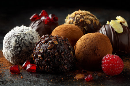 Luxury handmade decorative chocolate bonbon in a display of assorted pralines. AI Generative.の写真素材