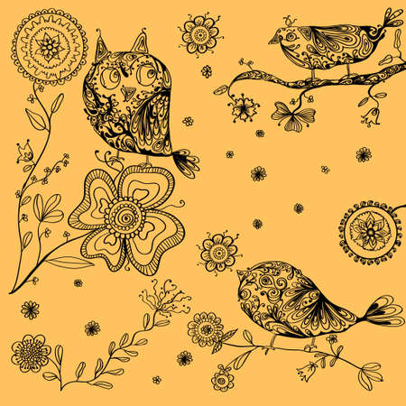 Illustration of owl and birdsのイラスト素材