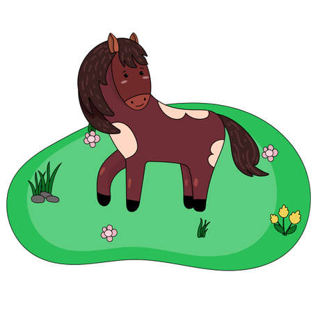 Farm cute vector horse on meadow. Animal cartoon illustration for kids in flat. Brown horse in the fieldのイラスト素材
