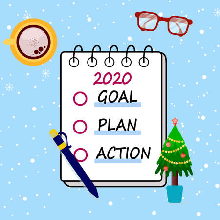 2020 Checklist with goal, plan, action. To do list for New Year. Write plan with coffee in holiday atmosphere.のイラスト素材