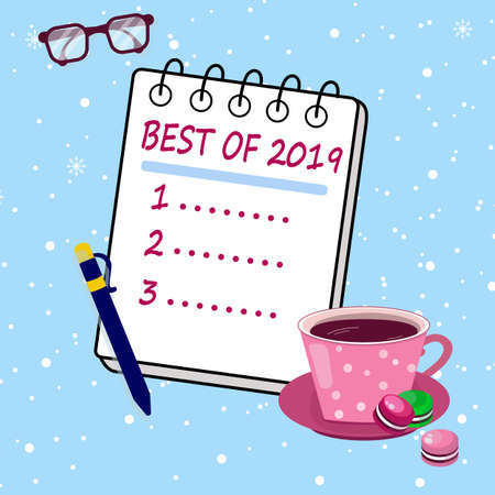 Review of 2019, best of the year. Report with results outgoing year. Summing up the year in cozy atmosphere.のイラスト素材
