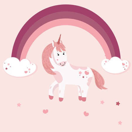 Cute unicorn with rainbow and clouds. Vector illustration pony with horn can use for card, backgroud, printのイラスト素材
