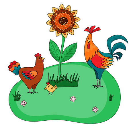 Farm set of hen with rooster and cute chick on green background with sunflower. Vector illustration for kids book, Easter cards and posters.のイラスト素材