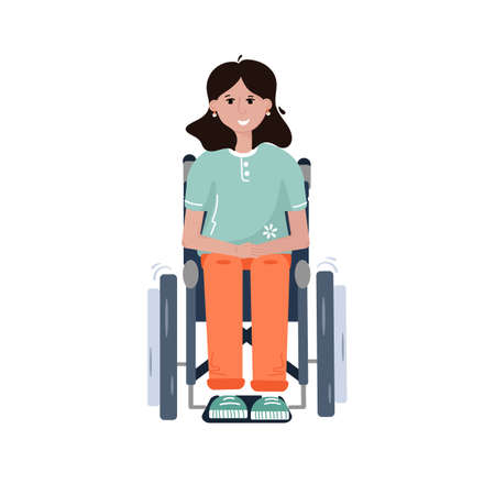 Disabled young woman in wheelchair. Smiling Lady undergoing rehabilitation after disease or trauma. Front view. Vector Flat illustration in cartoon style.のイラスト素材