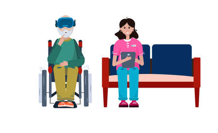 Virtual Reality Session by Therapist with Elderly Patient with Disabilities.のイラスト素材
