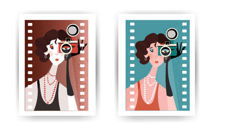 Lady with camera in her hand in retro style. Vintage postcard with flapper woman portrait in art...