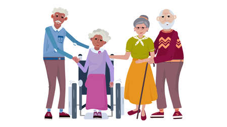 Happy old couples. Elderly Afro American man is hugging his wife, she is in the wheelchair. Grandfather with stick is standing with his wife. Group of smiling pensioners. Vector cartoon illustrationのイラスト素材