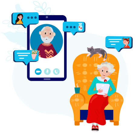 Old woman is calling old man from home. Aged couple has video conference using cellphone. Elderly friends stay home and have online communication using tablet and remember their life and share newsのイラスト素材
