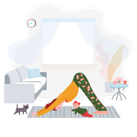 Stay home do exercise with baby girl. Woman does yoga in the room with kid and cat. Lady stretching indoor with child during quarantine. Female in Asana downward facing dog on background of interior.のイラスト素材