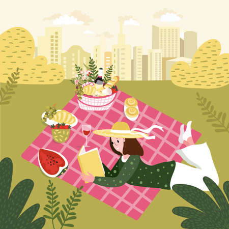 Picnic in City Park with blanket, basket of fruit and bottle of wine. Woman is reading book outdoor in summer. Learning Student is on nature. Girl on hat enjoy warm day with book.のイラスト素材