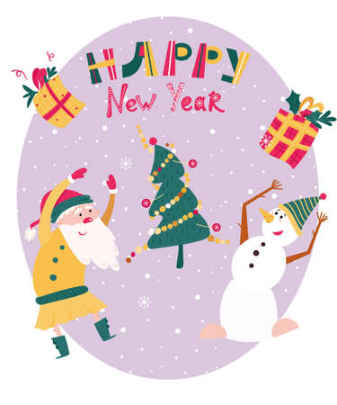 Happy New Year greeting card with dancing Santa. Snowman, Santa Claus and Christmas Tree dancing together. Funny Winter Holiday party.のイラスト素材